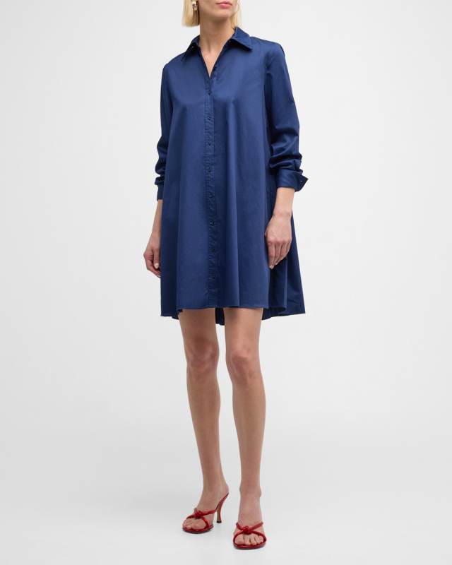Tulla Pleated Long-Sleeve Mini Shirtdress